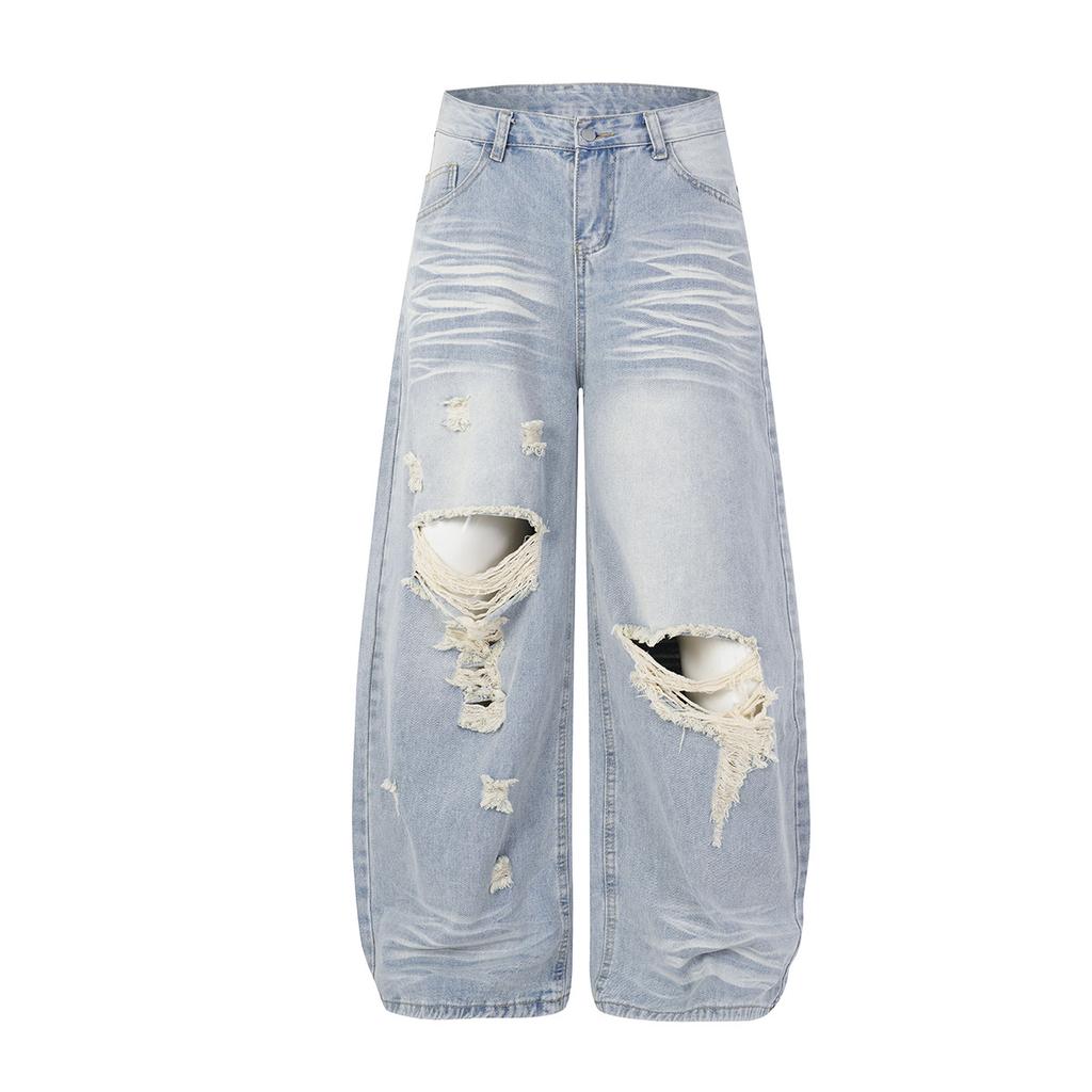 American high street trendy jeans heavy industry washed cat whisker hole design sense loose wide leg pants mopping pants men