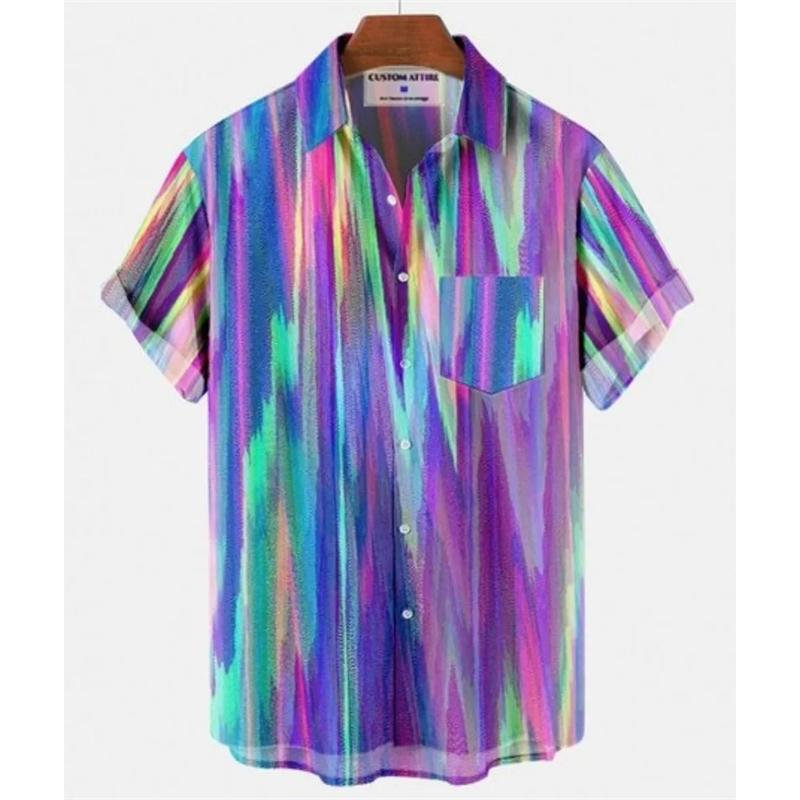 Крутая гавайская радужная разноцветная клетчатая рубашка для мужчин, свободного покроя, 3D, модная повседневная, с коротким рукавом, простая пляжная одежда на летних пуговицах