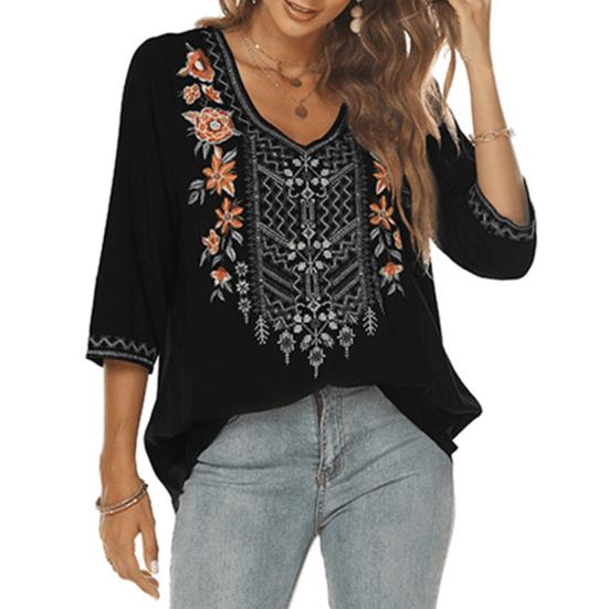 Women Blouse Traditional Mexican Women Embroidered Tops Loose Fit Bohemian Floral 45720 Sleeve