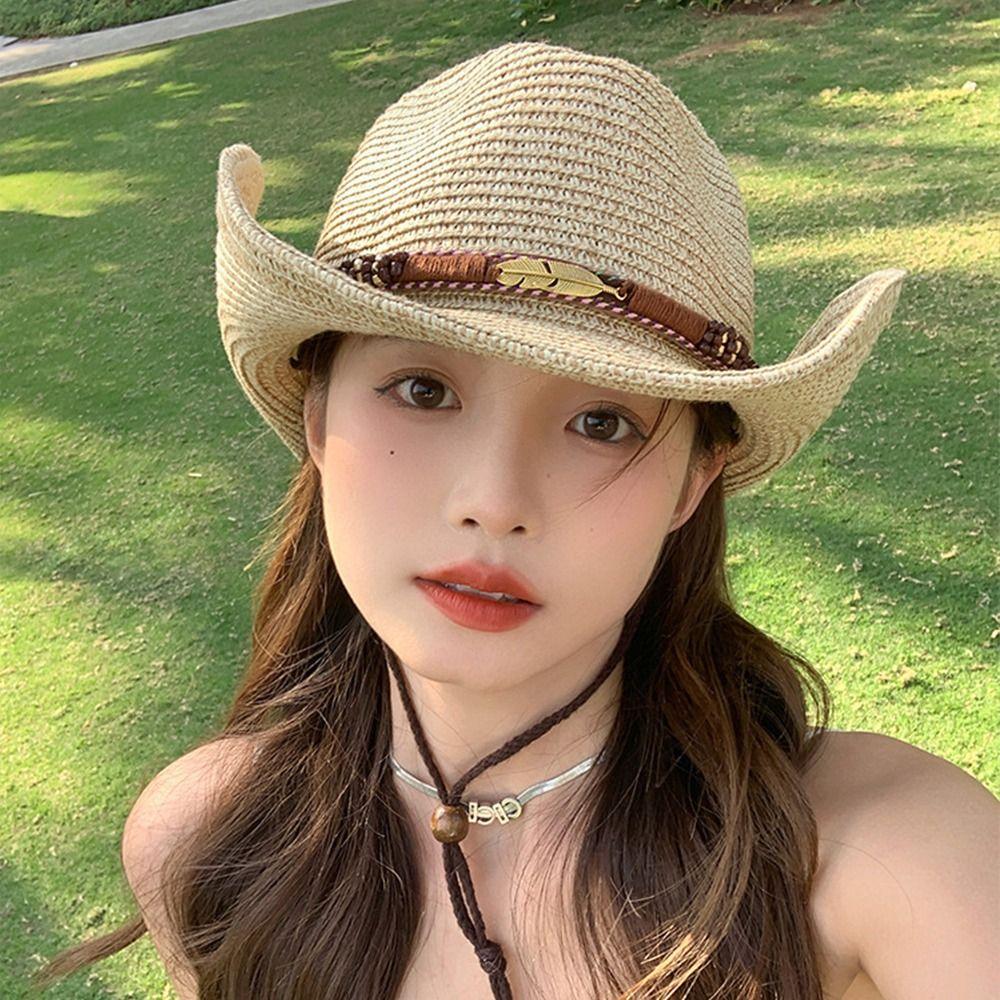Summer Straw Cowgirl Hat Wide Brim Sunscreen Visor Cap Retro Western Cowboy Hats  Outdoor
