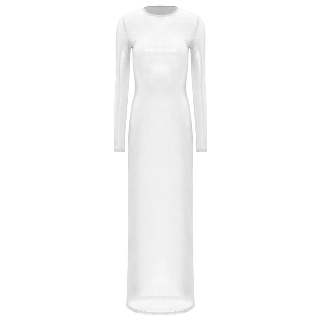 Женское прозрачное платье с длинным рукавом, с металлическим блеском, просвечивающее, в стиле макси, для клуба, ночное белье, забавное платье-нижнее белье