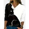 Cat Print Colorblock T-Shirt, Casual V-Neck Long Sleeve T-Shirt