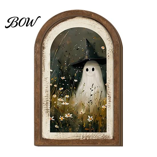 Ghost Themed Room Decor Arch Wooden Sign, Cute Halloween Table Rustic Farmhouse Spooky Home Accents Shelf Decor, Decorative Wall Art for Mantel Living