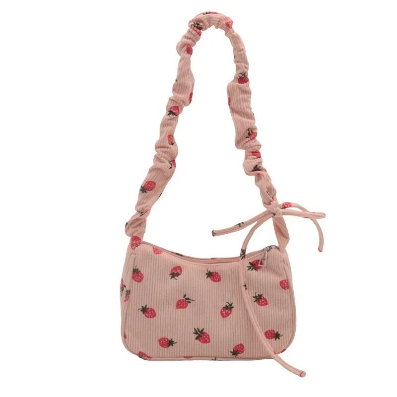 Corduroy Sweet Strawberry Crossbody Bag Cute Small Underarm Bag Fashion Trendy Zipper Handbag Mini Shoulder Bags Tote