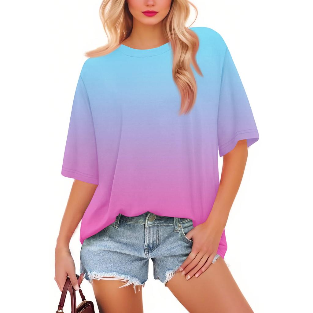 Women's Fashion Casual Gradient Color Loose Round Neck Short Sleeve Trendy Holiday T-shirt Top