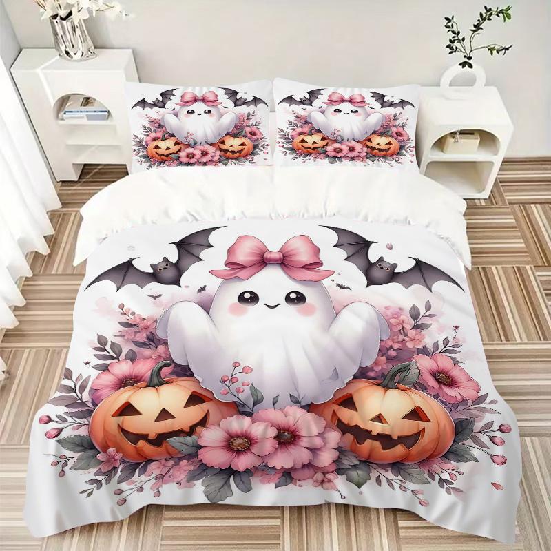 3pcs Pretty Ghost Pumpkin Flower Halloween Design Bedding Set - Includes Quilt Cover and Pillowcases, Suitable for All Seasons, Machine Washable
