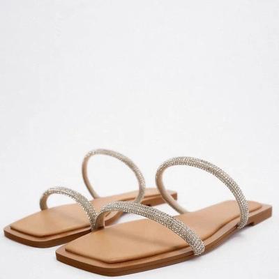 2024 сандалии, женская обувь, серебряные стразы, пляжные женские тапочки с тонким ремешком на плоской подошве