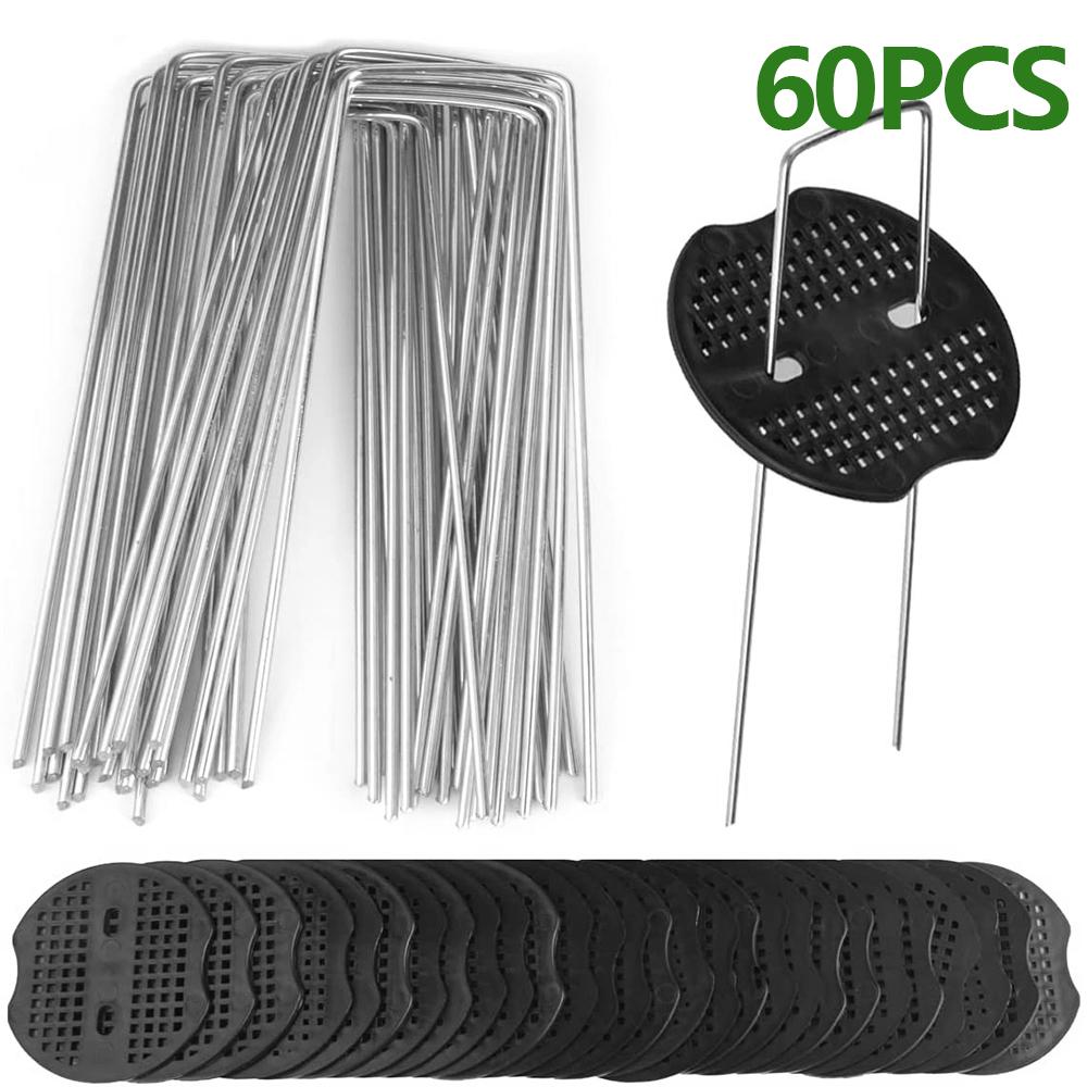 30/60/90pcs Garden Pegs Rust-resistant U Shaped Metal Pins Duty Spikes Ground Staple with Buffer Washers for Securing Plant Weed