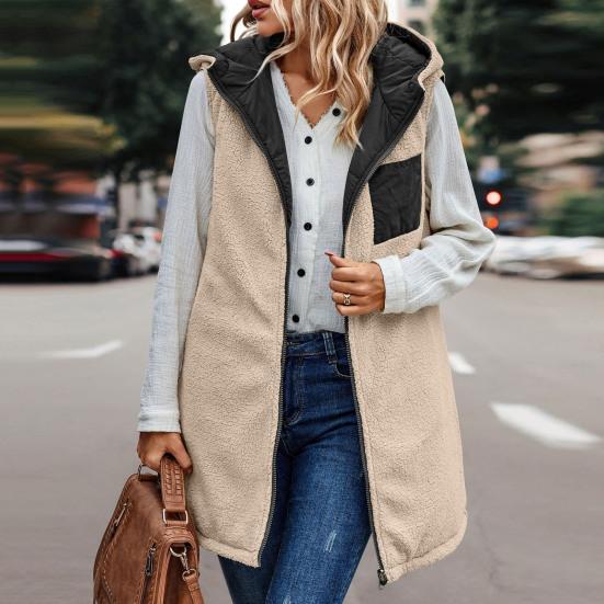 Женский осенне-зимний двусторонний жилет, пальто с капюшоном, куртка без рукавов с флисовой подкладкой, однотонный жилет средней длины, длинная теплая верхняя одежда