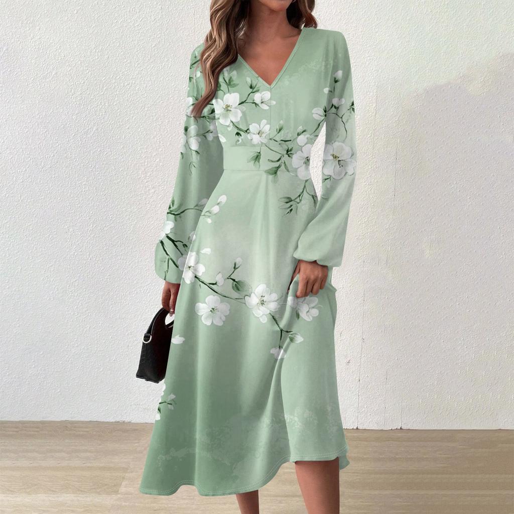 Women's Casual Fashion V-Neck Long Sleeve Floral Print Long Dress