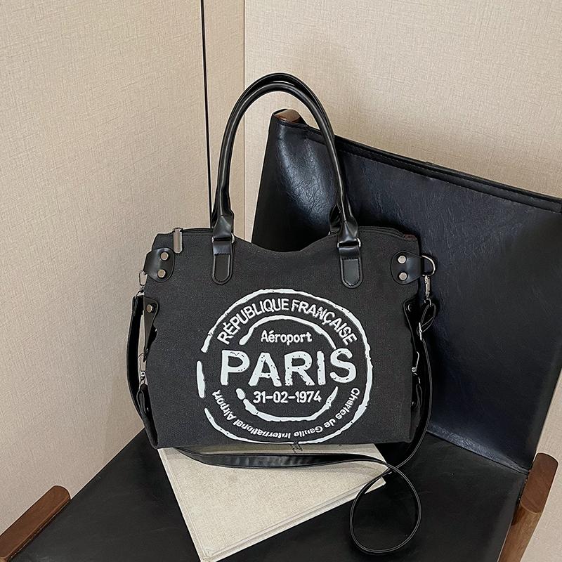 Большая сумка-тоут из ретро-холща - регулируемый плечевой ремень с принтом винтажных парижских штампов - стильная сумка через плечо для женщин