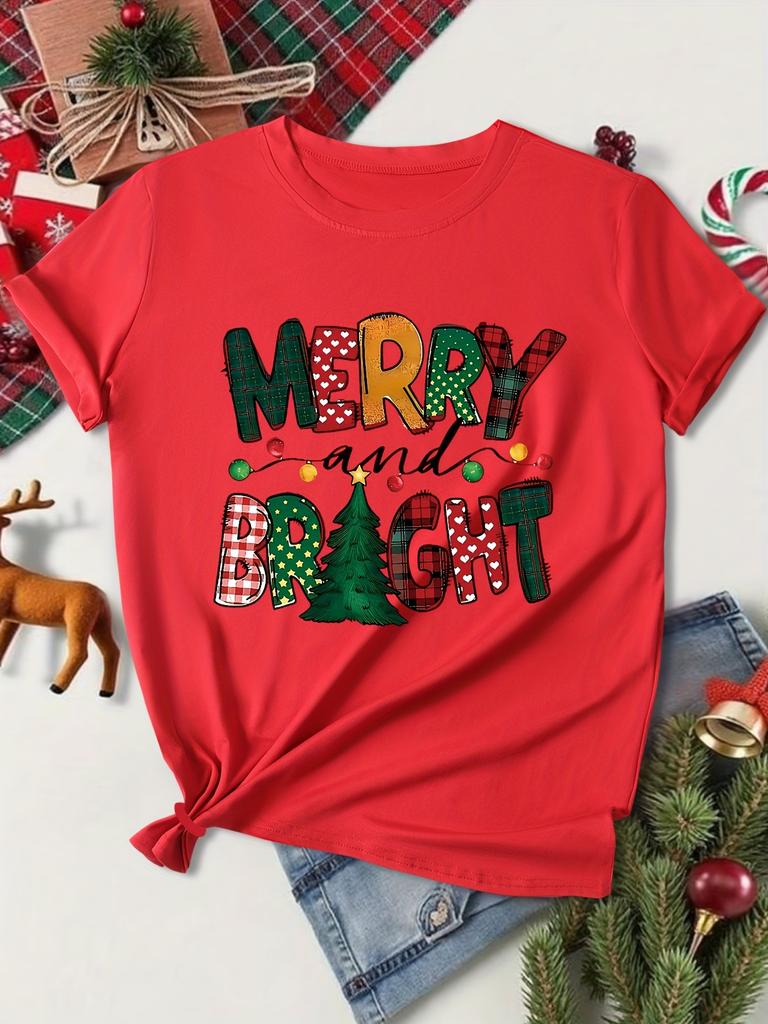 Womens Red Merry and Bright Christmas TShirt Short Sleeve Crew Neck Casual Top with MERRY BRIGHT Letter Print Plaid Tree Icons