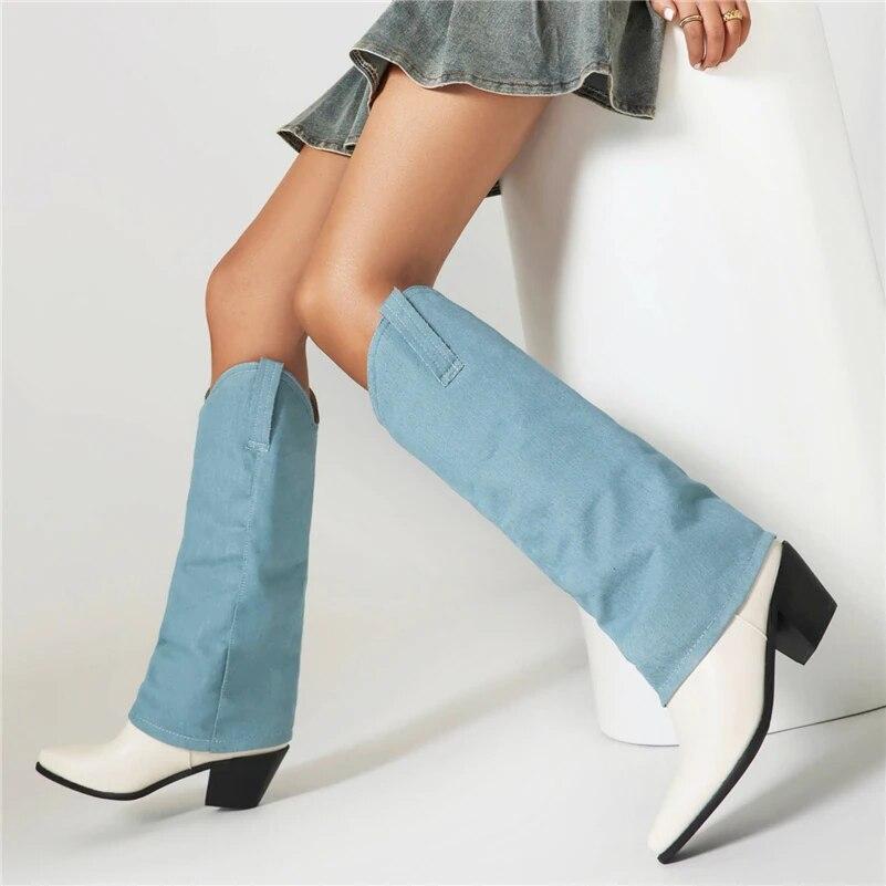 FOREADA Women Knee High Long Boots Pointed Toe Gogo Boots Thick High Heels Western Cowgirl Boots Ladies Fashion Shoes Winter 46