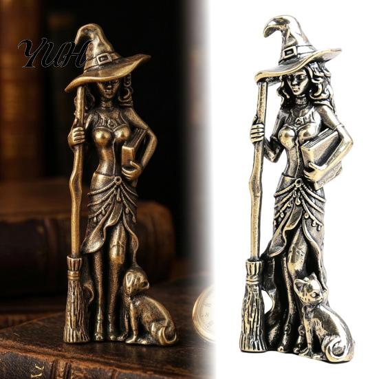 Artistic Copper Figurine Brass Witch Statue with Cat, Vintage Metal Figurine, Collectible Fantasy Gothic Tabletop Decoration Halloween Desk