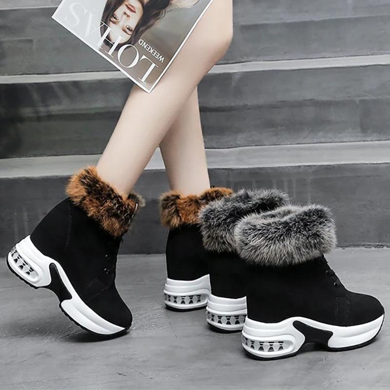 Женские ботильоны, теплая плюшевая зимняя обувь для женщин, ботинки на танкетке, женские ботинки на высоком каблуке, женские кожаные зимние ботинки, зимняя обувь
