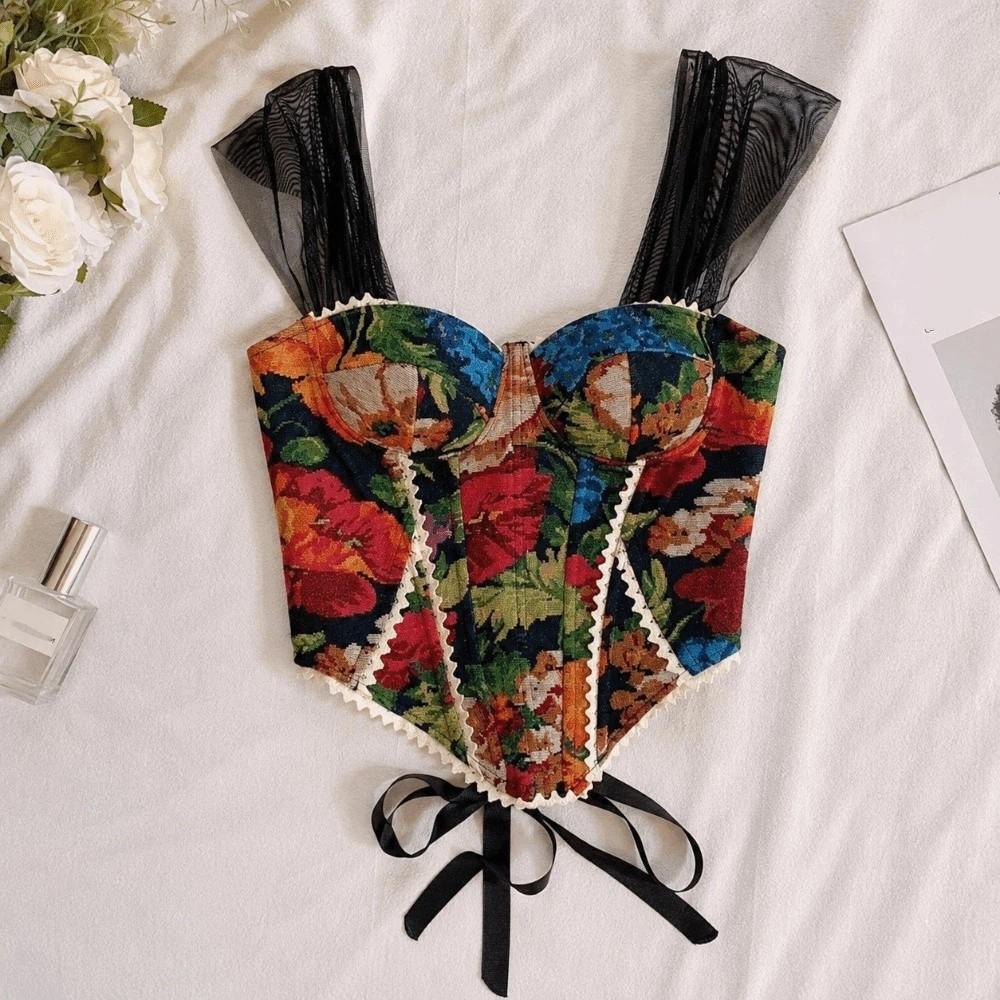 Sleeveless Fishbone Corset Floral Print Crop Tops Tank Top Suspender Vest Streetwear