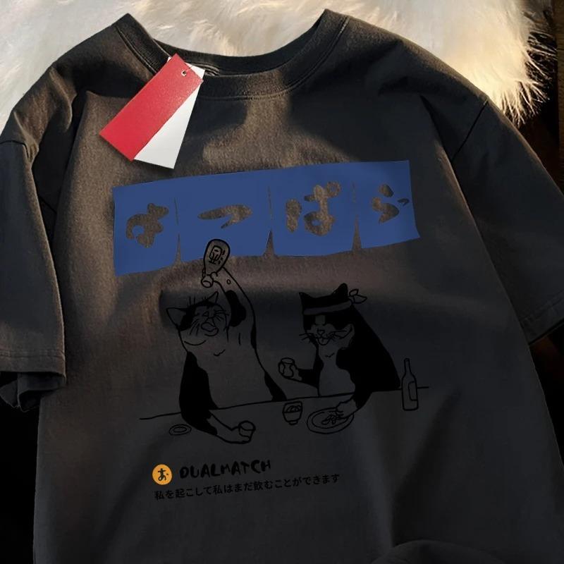 Харадзюку Японский Кот Пьющий Топ Женская Футболка с Круглым Вырезом Уличная Одежда Летняя Одежда Хип-Хоп Спортивная Футболка Женская Одежда