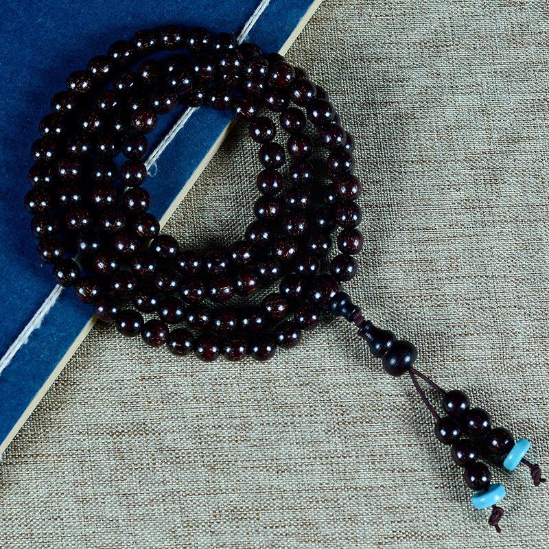 Zambia Blood Sandalwood Gold Star Bead Bracelet - High Density Straight Grain Prayer Beads