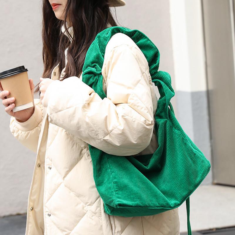 IELGY Japanese Casual Literary Canvas Bag, Retro Corduroy Shoulder Bag, Fashionable Drawstring Messenger Women's Bag