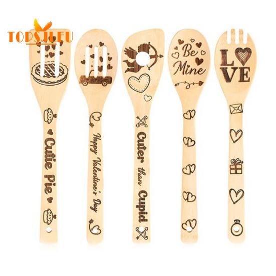 5 шт. бамбуковые кухонные ложки с гравировкой, забавный узор, гладкая поверхность, прочная деревянная лопаточка, кухонная утварь с длинной ручкой