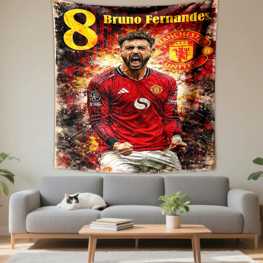 Tapestry Bruno Fernandes Manchester United 8 Red Grunge Soccer Star Wall Art for Football Fan Home Decor