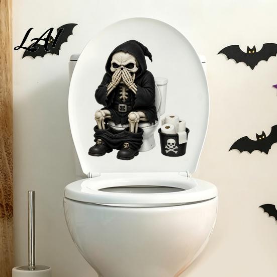 Seasonal Toilet Lid Decorations Halloween Skeleton Sticker Funny Pooping Decal Spooky Bathroom Decor for Adhesive Waterproof Sticker Tank