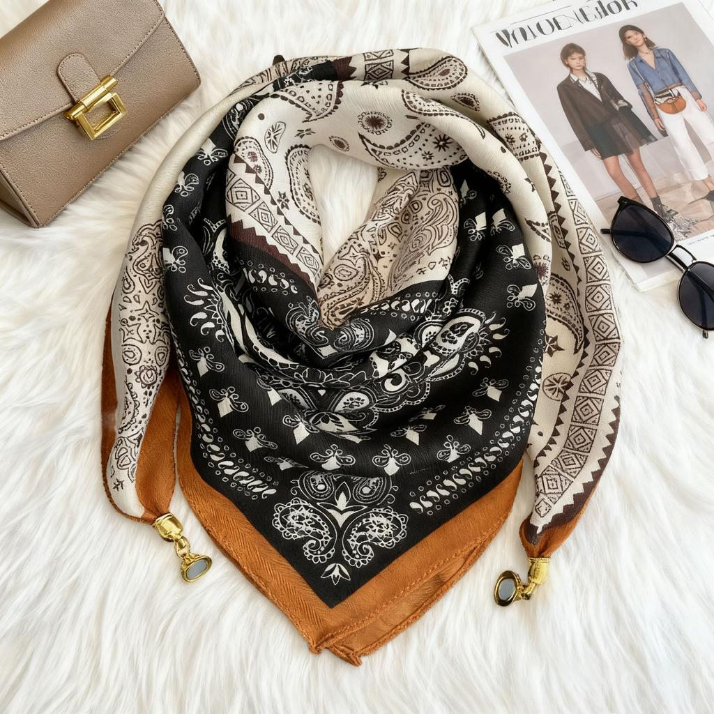 Neck protection magnetic buckle scarf new autumn and winter square scarf women's triangular silk scarf shawl high-end scarf black and white