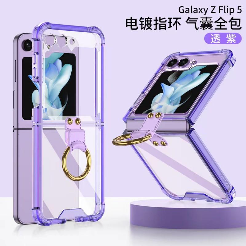 Transparent TPU Case With Electroplated Ring Stand Galaxy Z Flip 6 7 Shockproof Magnetic Anti-Fingerprint
