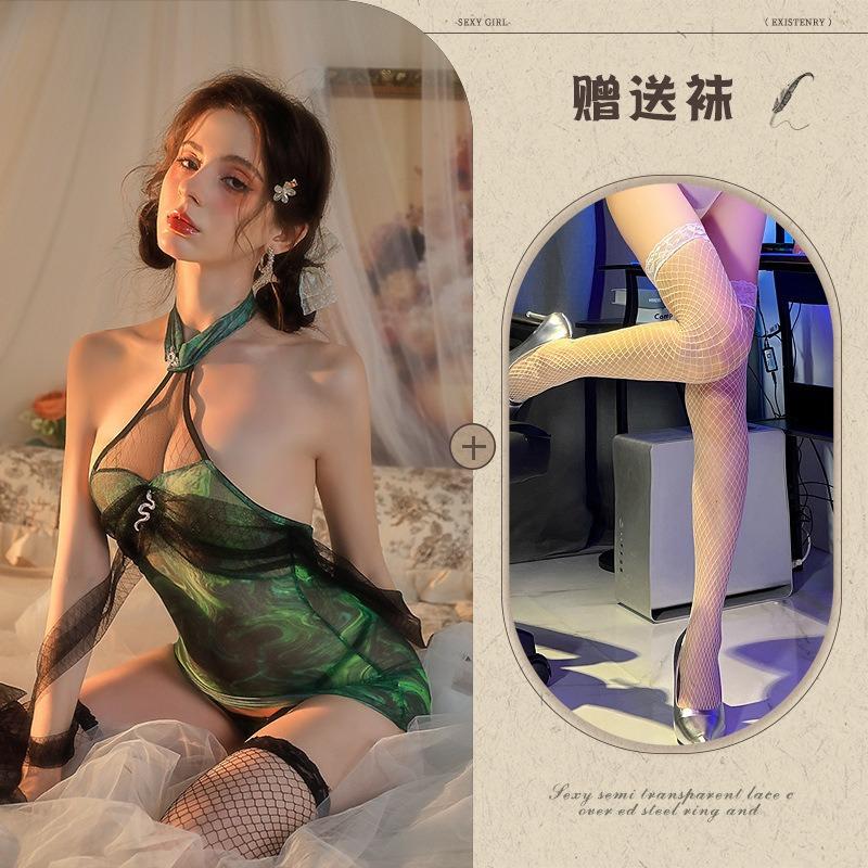 Sexy lingerie sexy hot green snake cheongsam stand-up collar neck uniform hot couple battle robe passion free