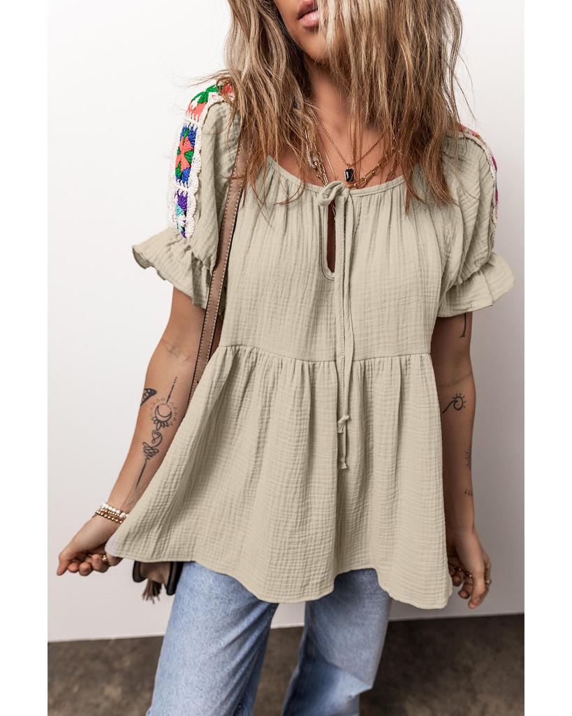 Azura Exchange Smoke Gray Crinkle Embroidered Patched Bubble Sleeve Tied Neck Blouse