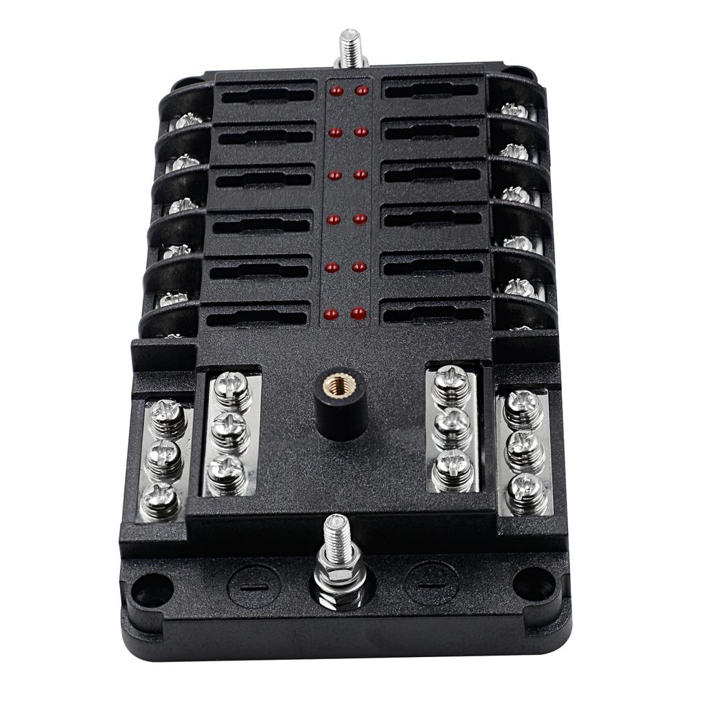 Automotive Marine Boat Fuse Block Waterproof 12 Way with 12 Ground Negative Busbar [100 Amp Max] [ATC/ATO Fuses] [LED Indicator] for Car RV Golf Cart