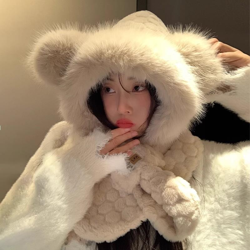 Плюшевая шапка-медведь женский зимний шарф интегрированный теплый утолщенный шарф милый холодный зимний защита ушей комплект из двух предметов