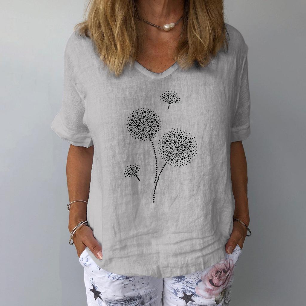 Short Sleeved Cotton and Linen Loose Casual Dandelion Printed Top