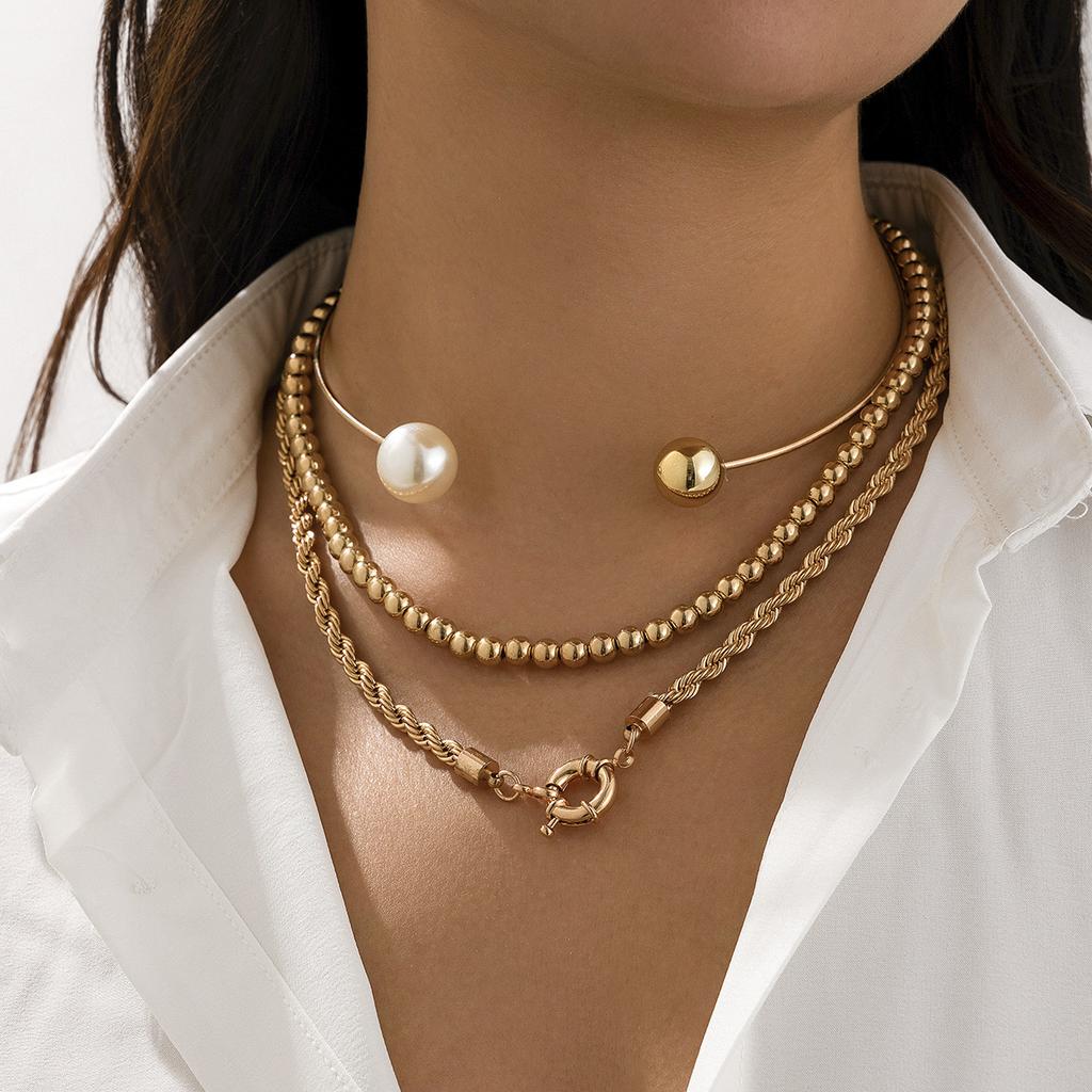 Personalized Metal Ring Collar Item Jewelry, Simple Asymmetric Imitation Pearl Beaded Neck Necklace