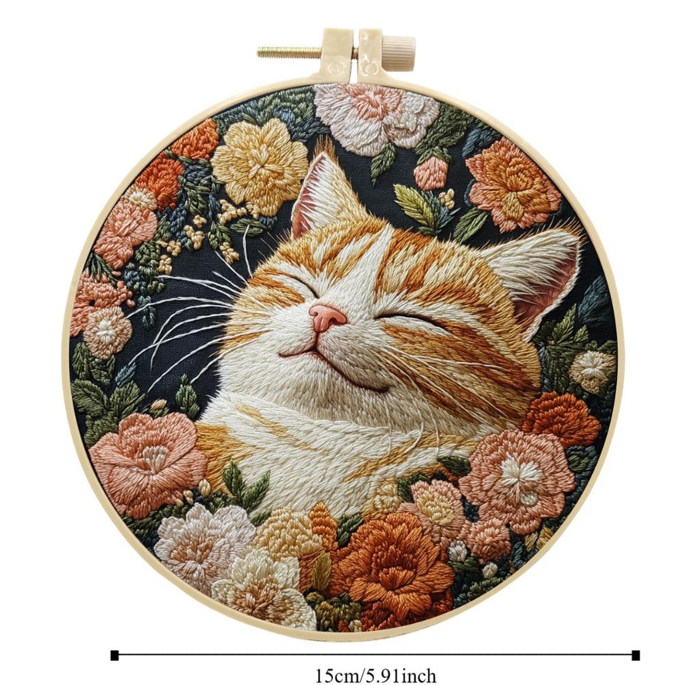1 Set Cat Embroidery Kit Embroidery Frame with Patterns Fabric Material Package Scissors Seam Remover DIY Craft Kits Decoration