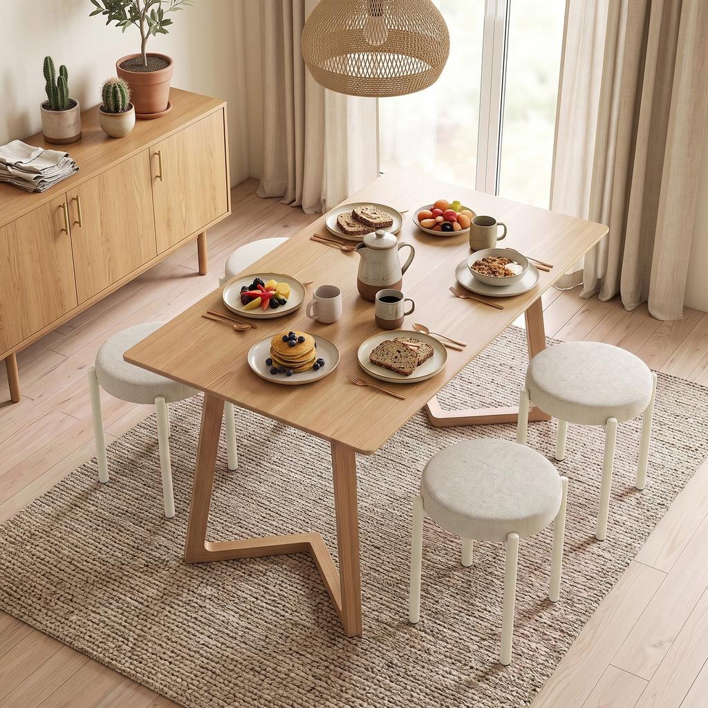Set Of 4 Stackable Round Stools With Padded Seat Backless Space Saving 45 X 45 X 47.5 Cm Cream