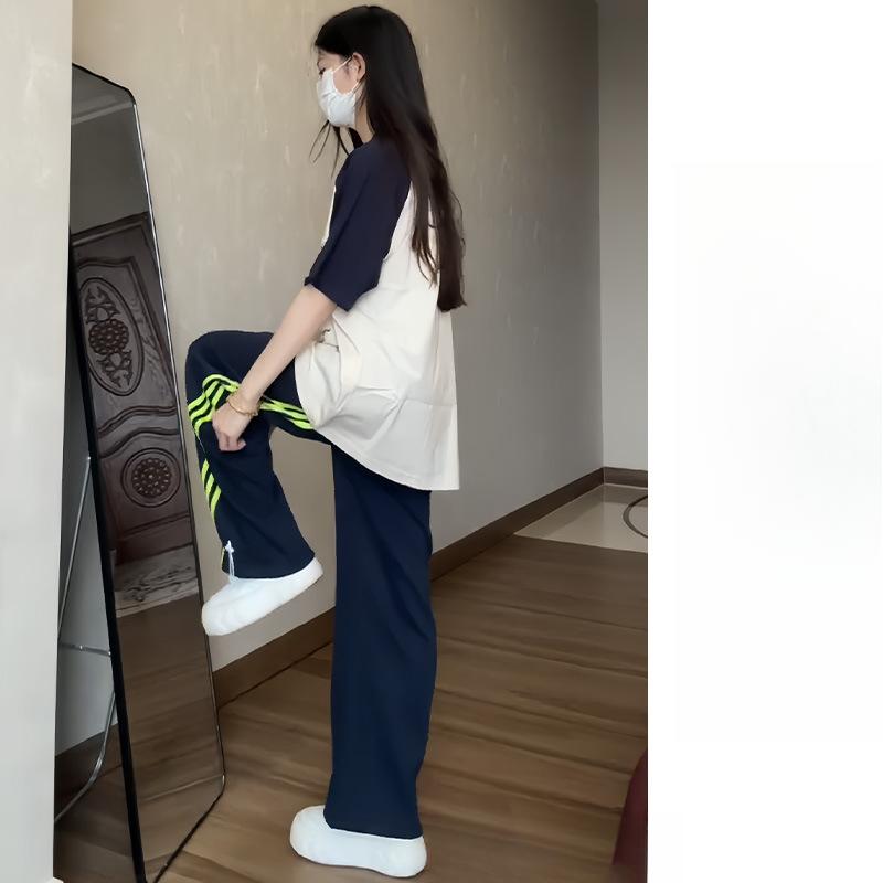 Весенне-летние трехполосные спортивные штаны женские новые с высокой талией и тонкие широкие прямые повседневные модные спортивные штаны