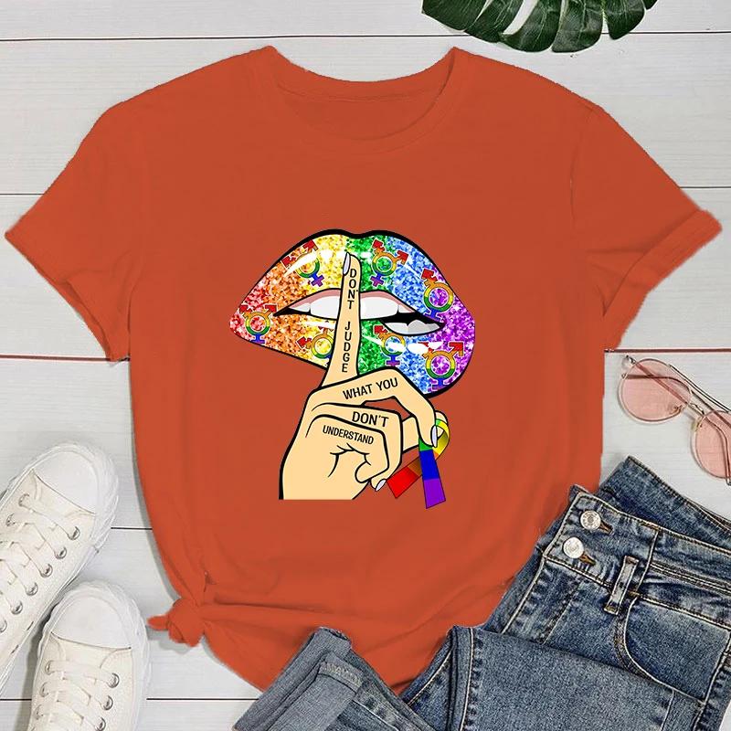 (Premium T-shirt)Cool Lgbt Lips Print T-Shirts For Women Summer Fashion Casual Short Sleeve Round Neck Tops Ladies T-Shirt