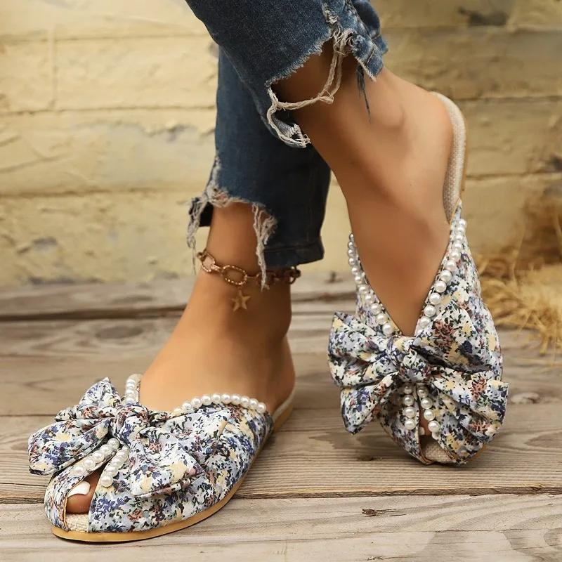 Мода 2025 Лето Закрытый носок Женские шлепанцы Мода Улица Бант-бабочка Повседневные Бусины на нитке Большой размер Бестселлер Плоские шлепанцы