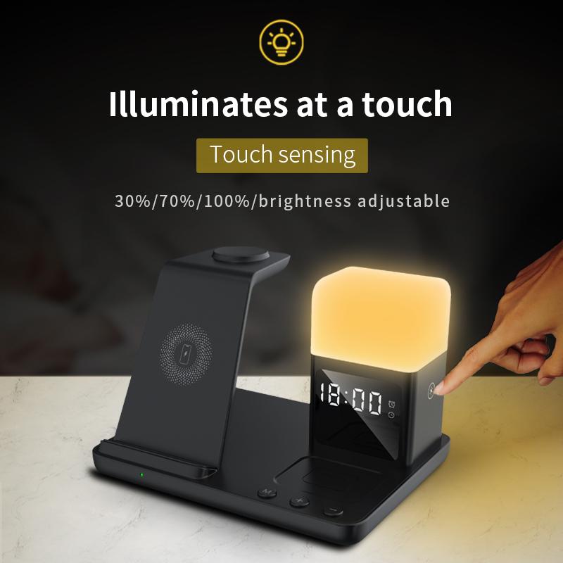 Desktop Multifunctional 15w Fast Charger 6 in 1 Wireless Charger with Alarm Clock Night Light for Samsung for iphone