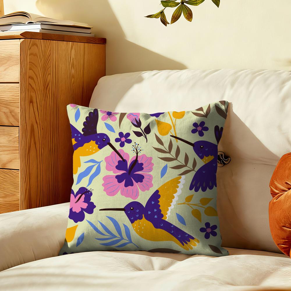 Hummingbird Floral Pattern Cushion Cover Plush Fabric Soft DoubleSided Printed Sofa Warm Winter Home Gift Pillow Cover