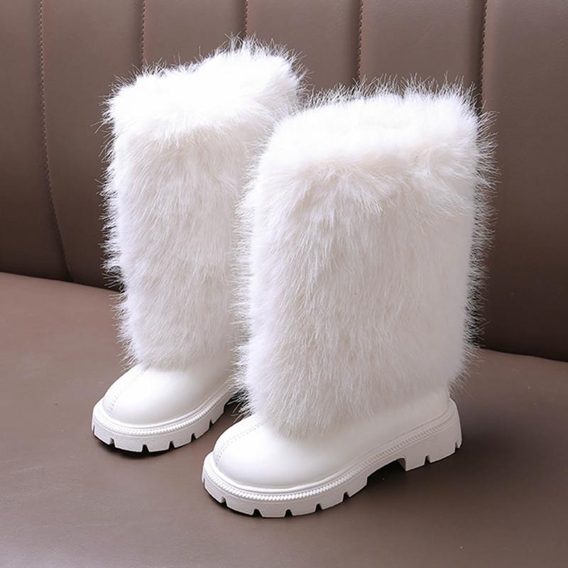 Warm Long Plush Rear Zip Knee Boots Girl 2025 Winter Comfort Thick Bottom Non Slip Booties Fashion Solid Faux Fur Boots Child