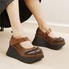 Round Toe Thick Soled Wedge Heels Pumps Retro Genuine Leather High-heeled Women's Platform Shoes