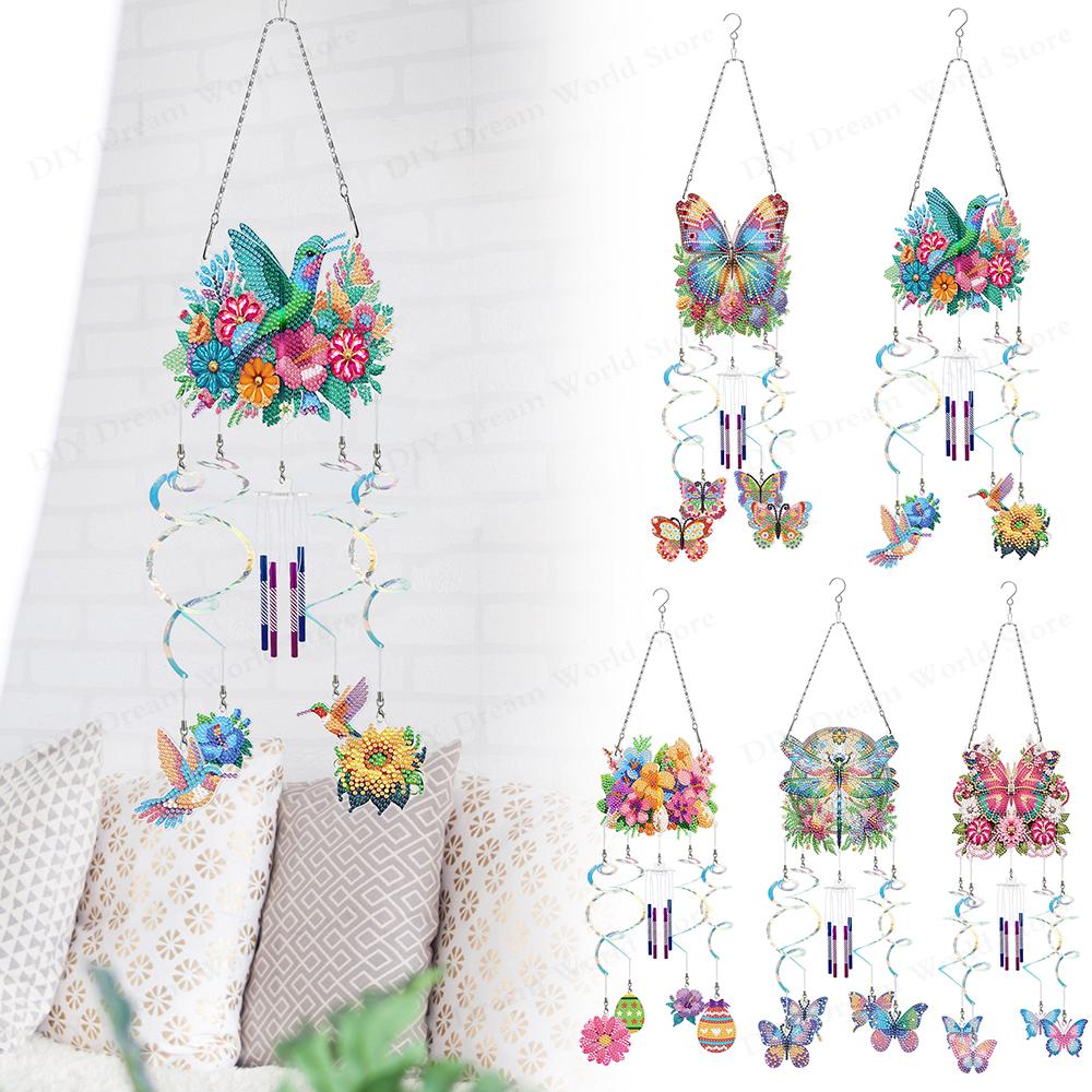 Acrylic Double-sided Diamond Painting Captures Flower Butterfly Hummingbird Dragonfly DIY Wind Chimes Garden Doors and Windows D