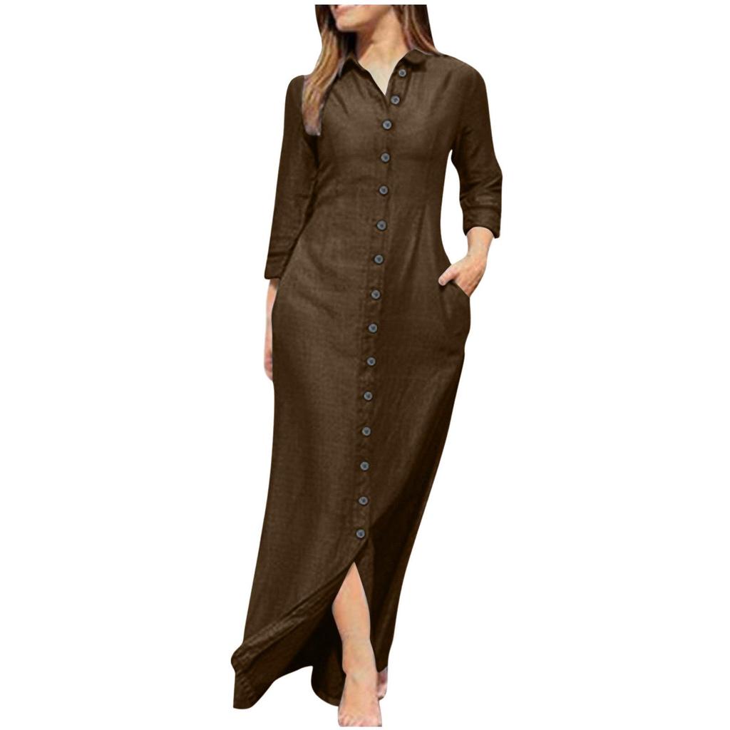 Elegant Women's Long Sleeve Cotton Linen Cardigan Dress - 2023 European/American Neutral Style with Turn-Down Collar