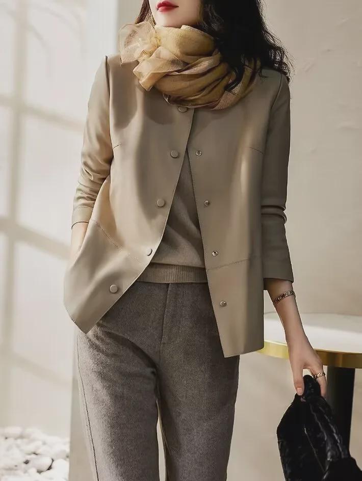 Стильная женская тонкая кожаная куртка осень/зима 2023 года с бархатом, высококачественная повседневная верхняя одежда большого размера