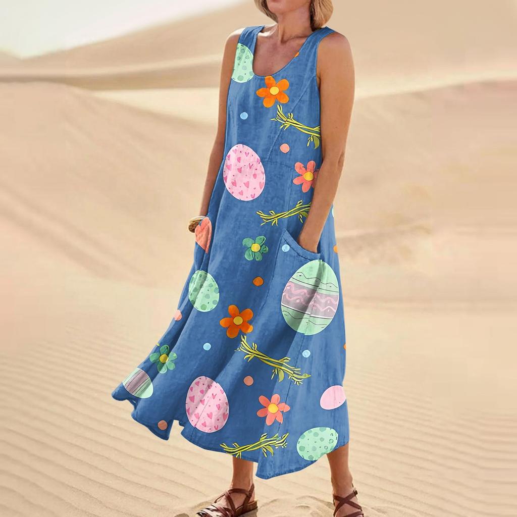 Women's Summer Casual Fashion Easter Printed Sleeveless Round Neck Pocket Dress