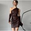 Fashion One Shoulder Gloves Short Leather Dress Slim Pleated Sleeveless Hip Package Female Dresses 2025 Summer Lady Sexy Dress