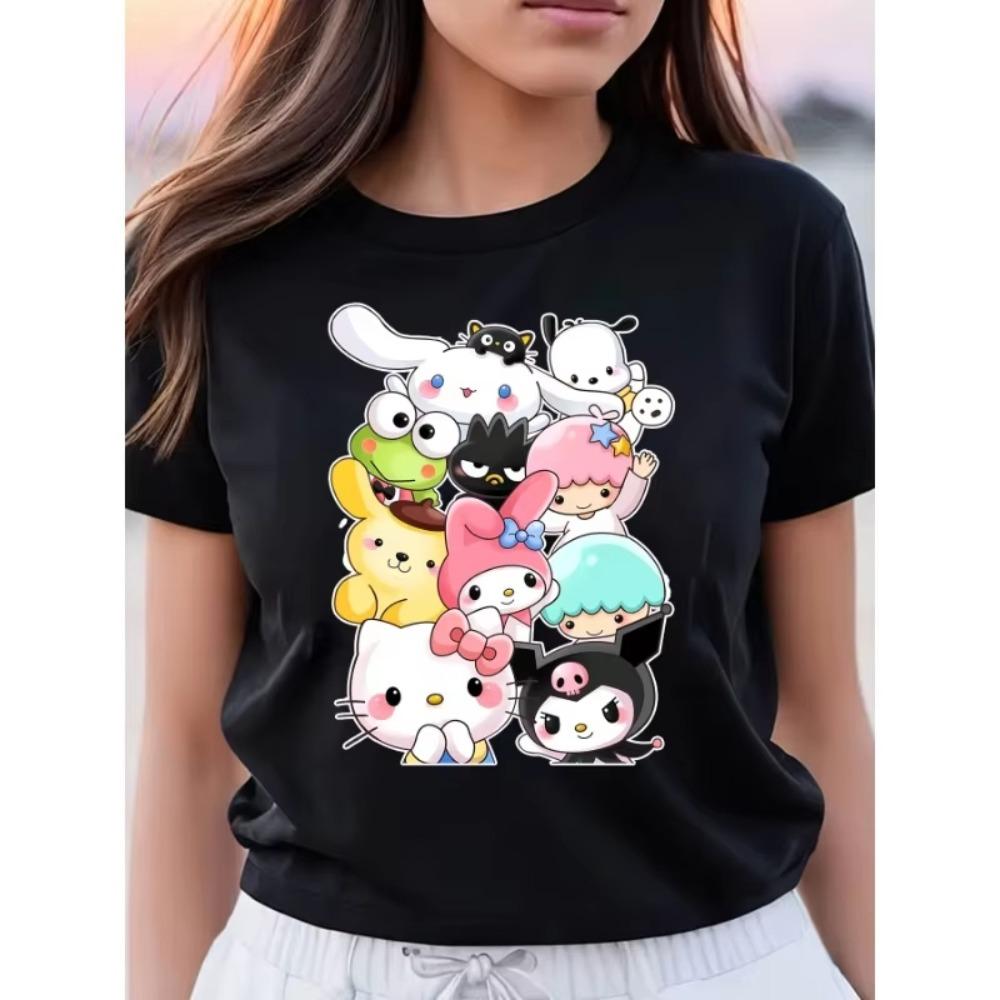 Hello Kitty and Friends Tshirt Womens Short Sleeved Top Yuguigou Kuromi Melody Cartoon Printed Harajuku Shirt Cotton