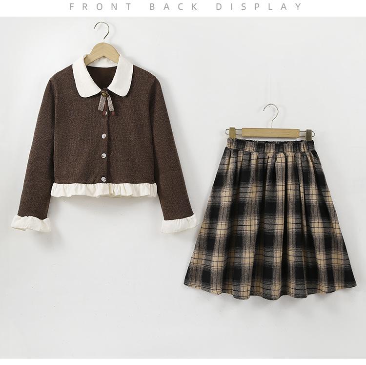 Комплект из двух предметов для девочек: осенняя клетчатая юбка и вязаный кардиган